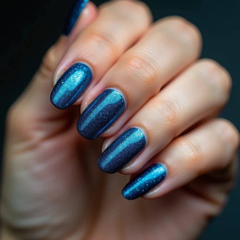 Unhas azuis com glitter fino