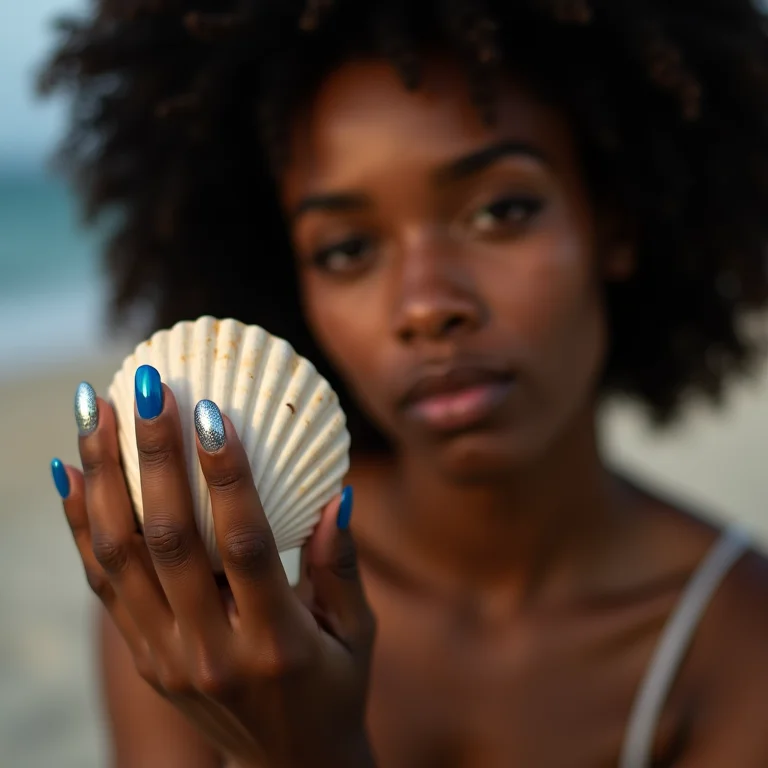 Unhas azuis e prateadas inspiradas em Iemanjá