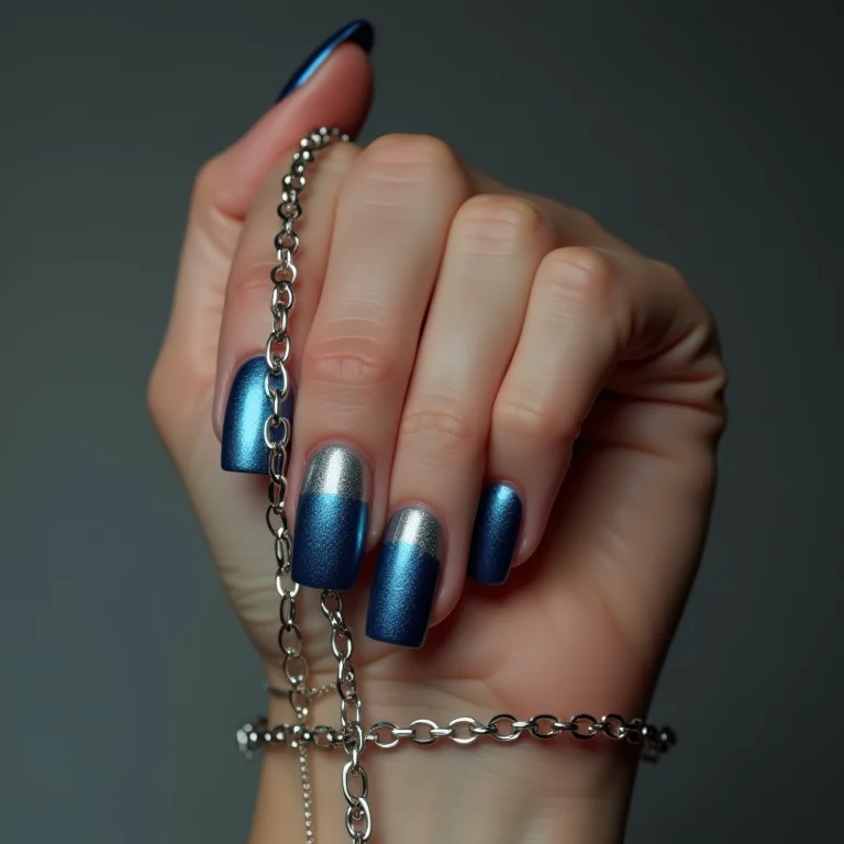 Unhas azuis metálicas com detalhes em prata