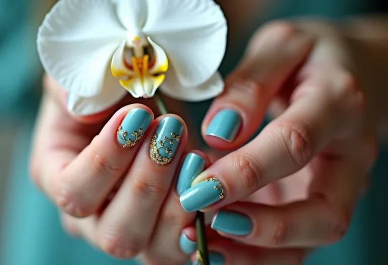 Unhas azuis Tiffany com detalhes dourados e orquídea branca