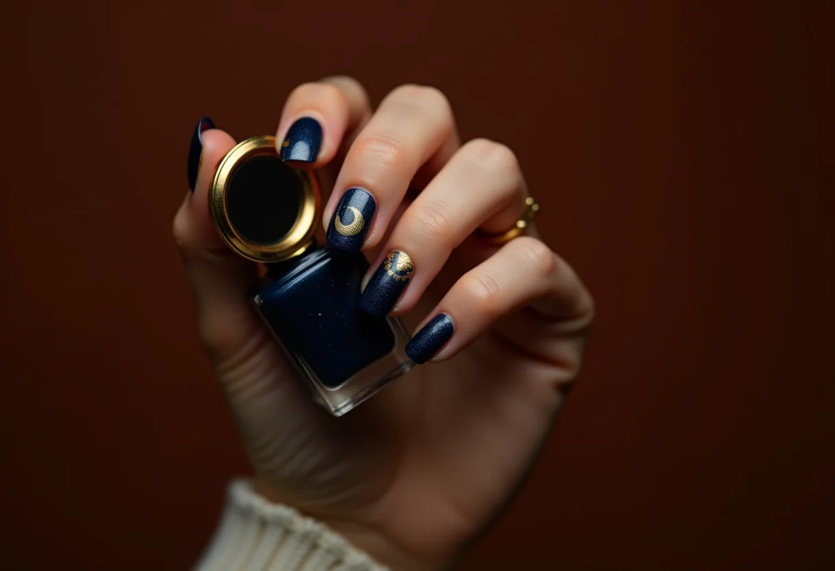 Unhas azul escuras com lua crescente dourada segurando espelho dourado