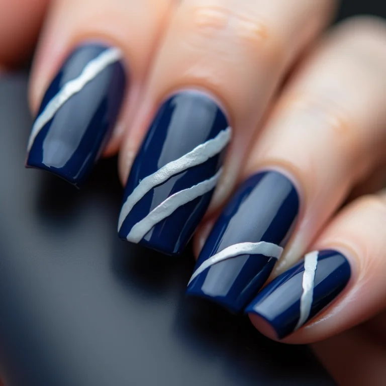 Unhas azul navy com listras brancas