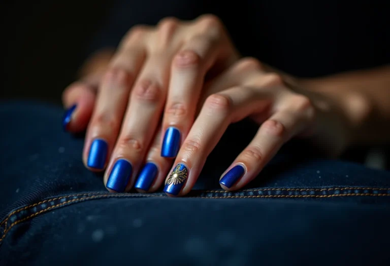 Unhas azul royal com detalhes dourados em jeans