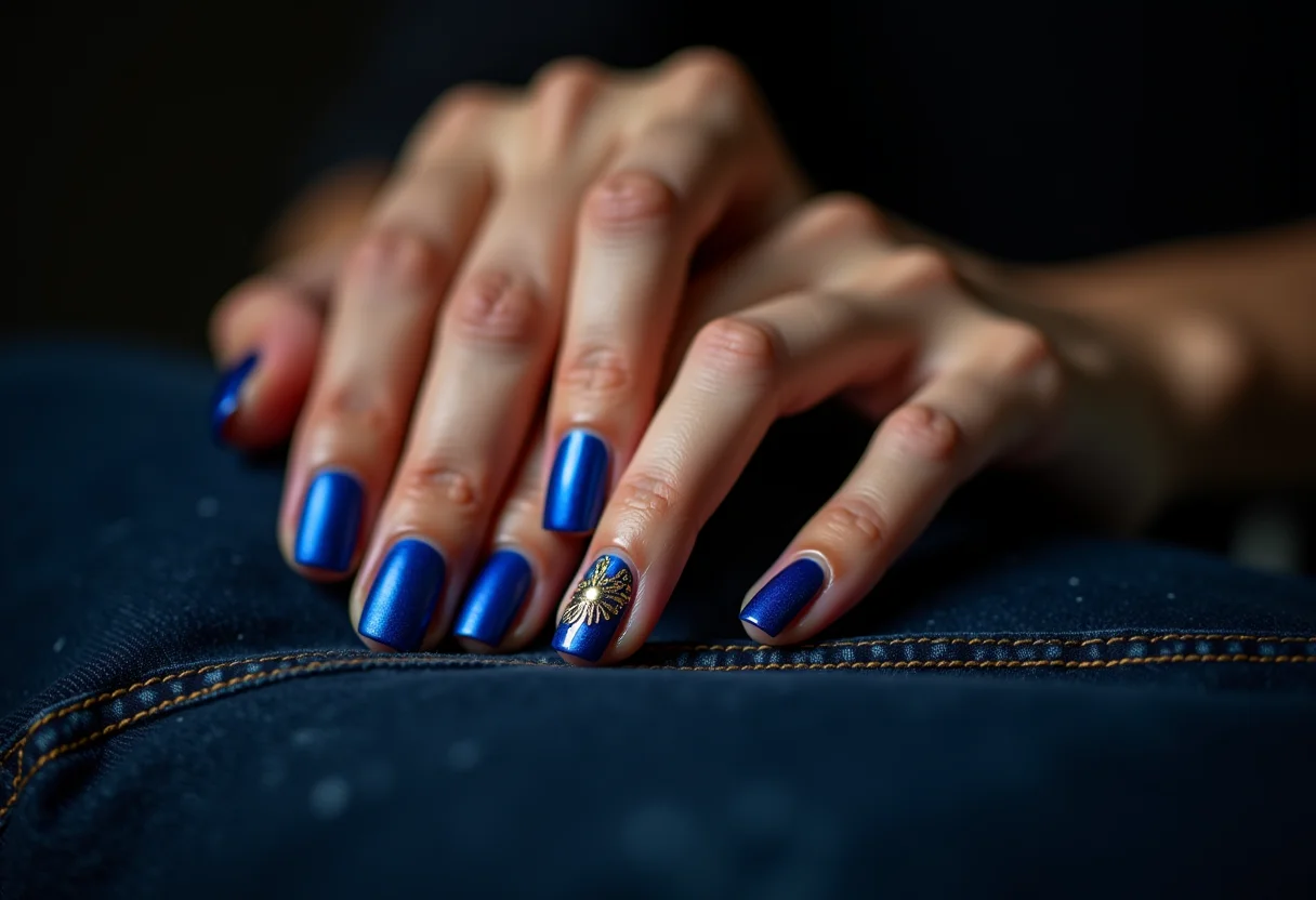 Unhas azul royal com detalhes dourados em jeans