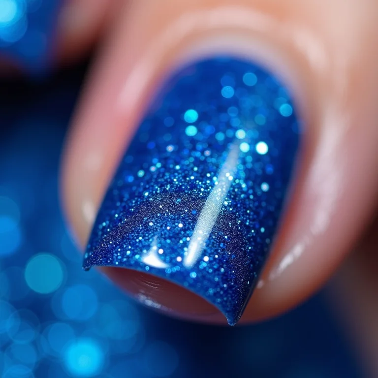 Unhas azul royal com glitter em close-up