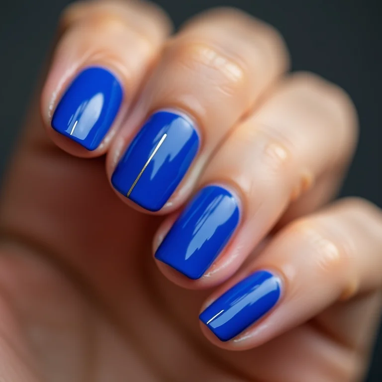 Unhas azul royal minimalistas com detalhe dourado