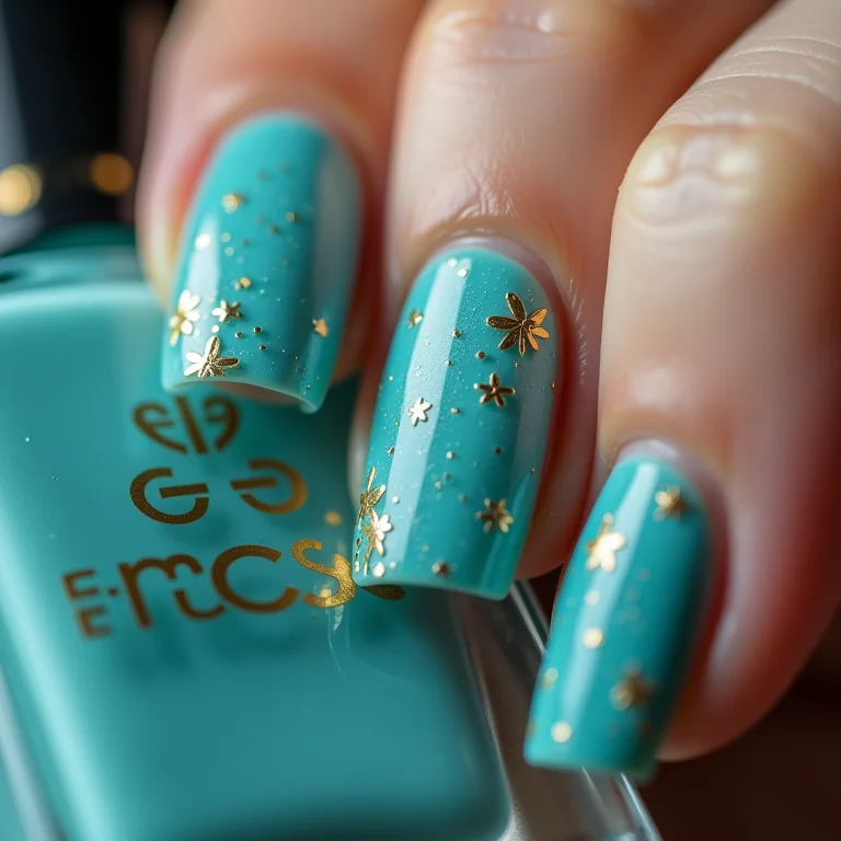 Unhas azul turquesa com detalhes dourados