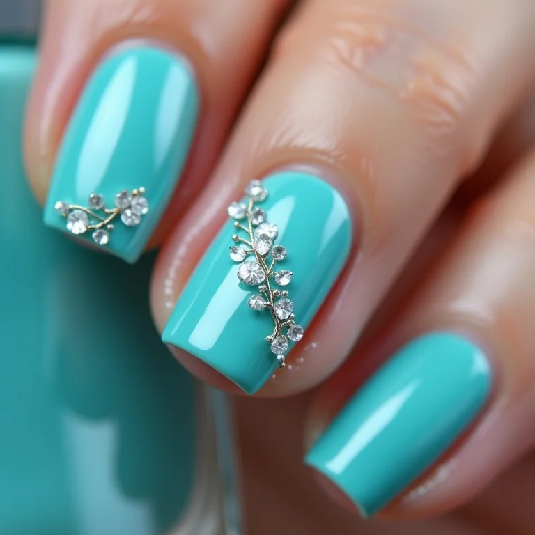 Unhas azul turquesa com filha única decorada