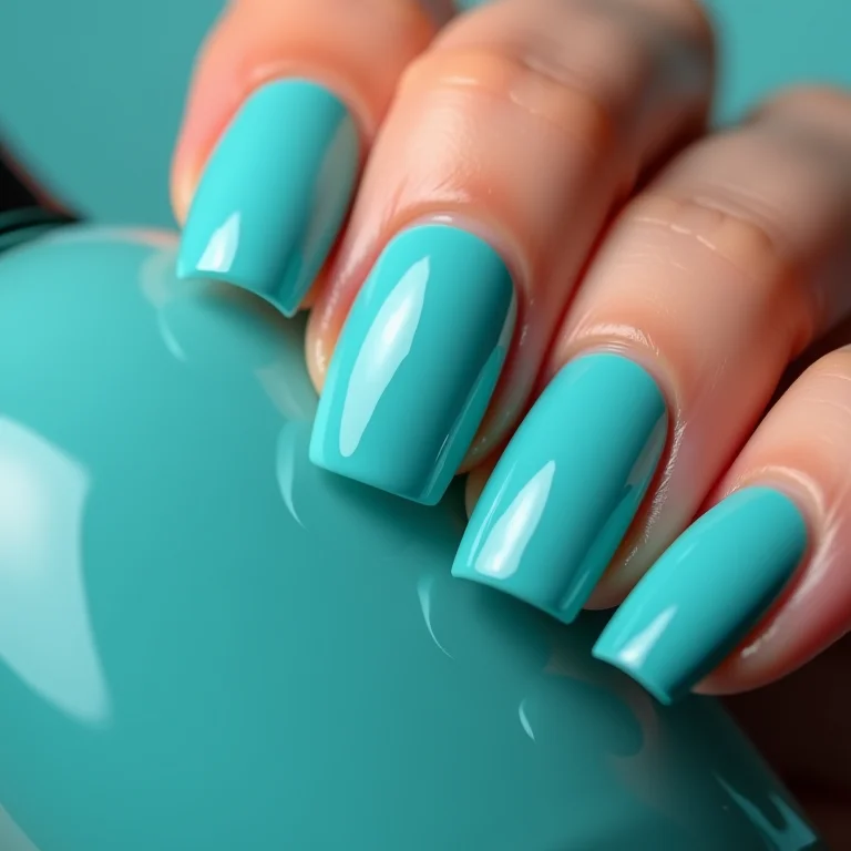Unhas azul turquesa lisas com acabamento perfeito
