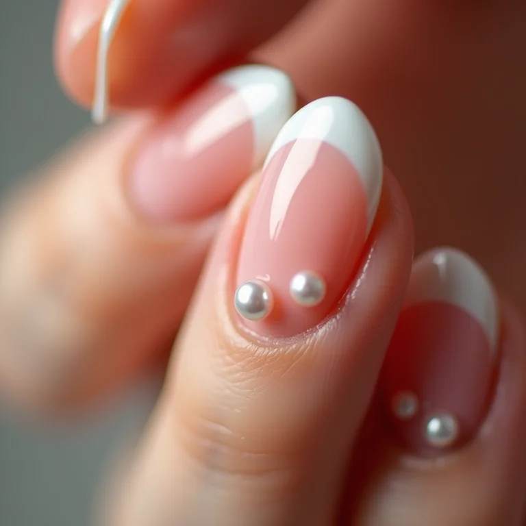 Unhas baby boomer com aplicações de pérolas delicadas.