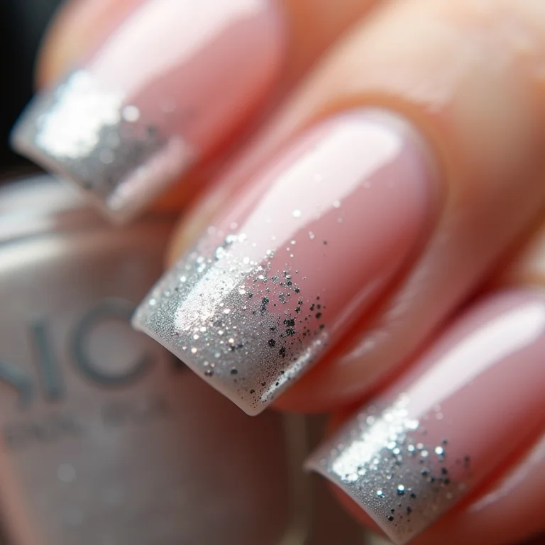 Unhas baby boomer com glitter prateado nas pontas.