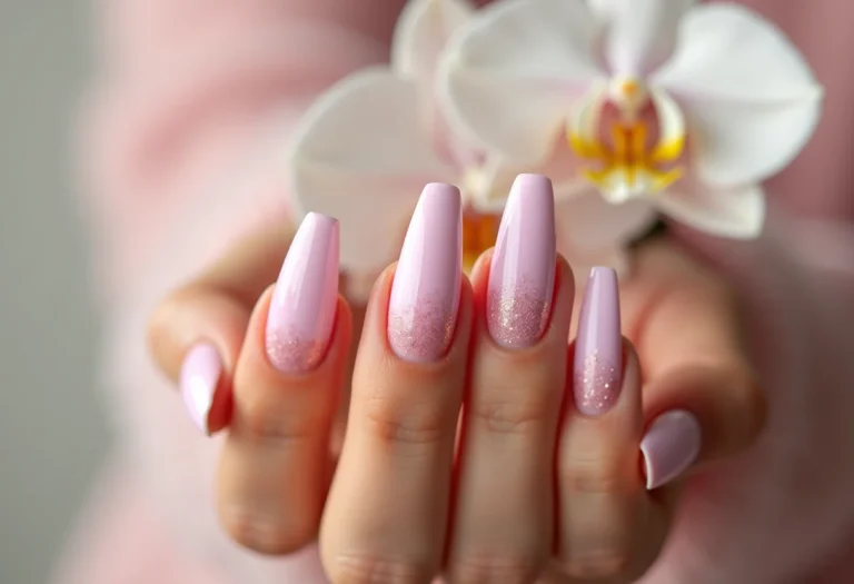 Unhas bailarina rosa ombre com glitter segurando orquídea branca