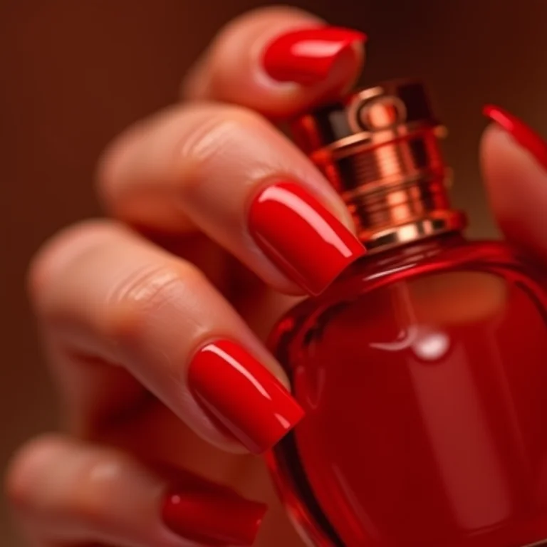 Unhas bailarina vermelhas segurando frasco de perfume