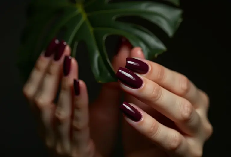 Unhas bordô segurando folha de monstera