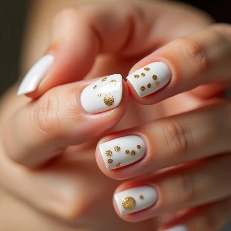 Unhas brancas com adesivos dourados