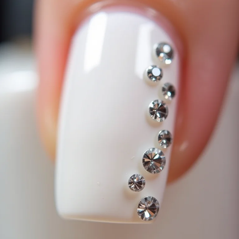 Unhas brancas com pedrarias brilhantes.