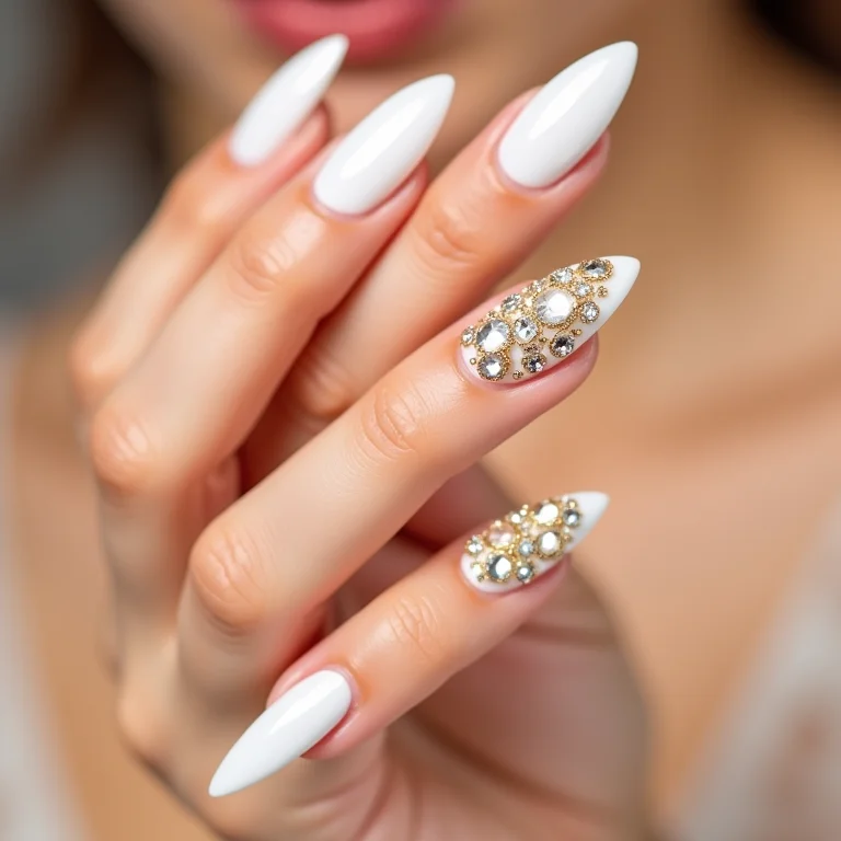 Unhas brancas com pedrarias e aplicações douradas