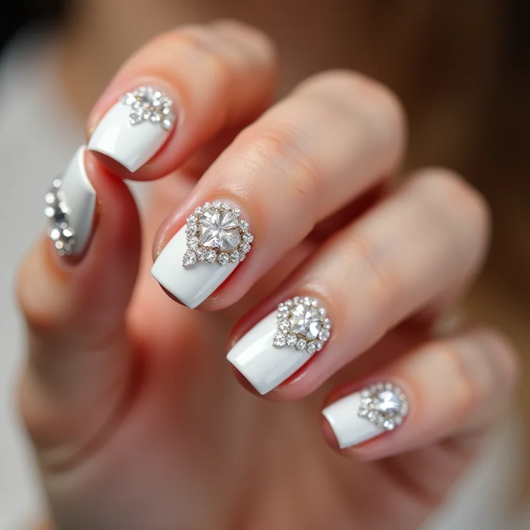 Unhas brancas com pedrarias e brilho