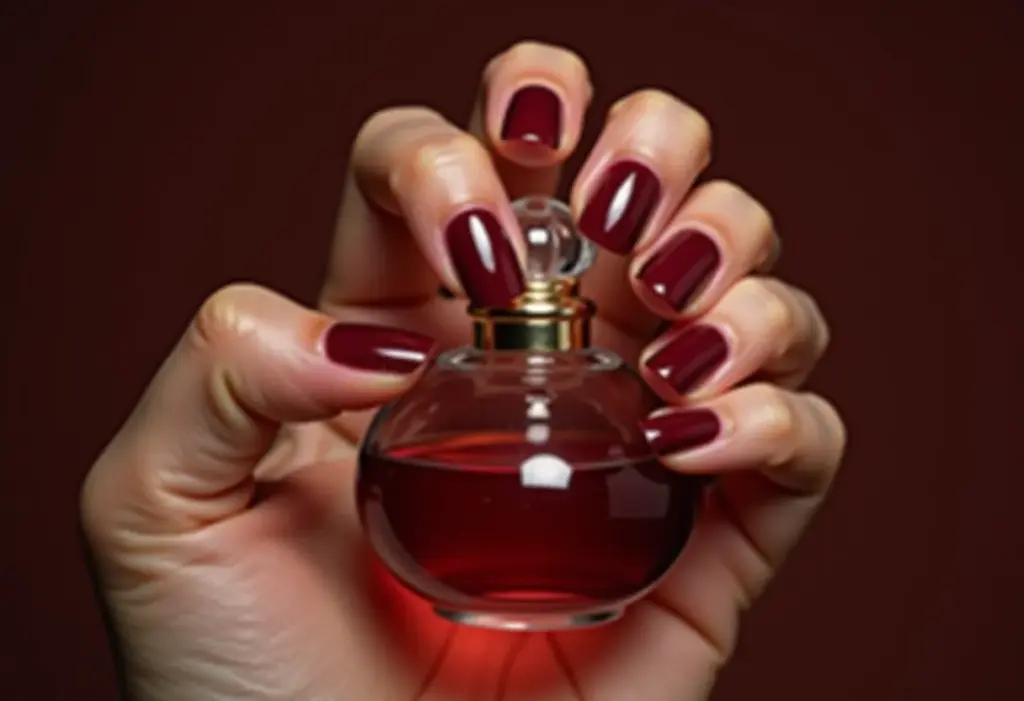 Unhas burgundy impecáveis segurando frasco de perfume vintage