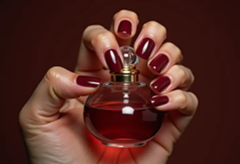 Unhas burgundy impecáveis segurando frasco de perfume vintage