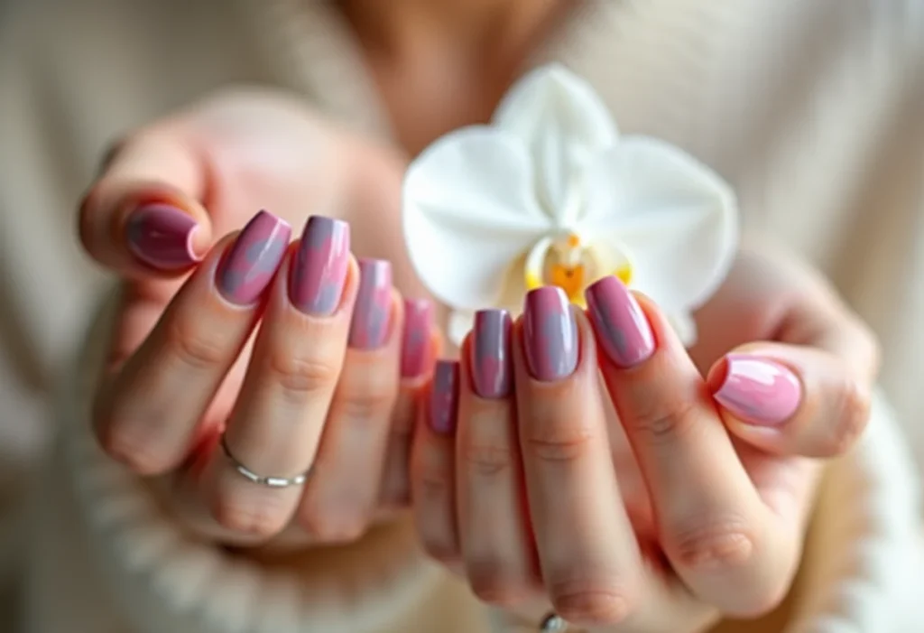 Unhas candy color segurando orquídea branca