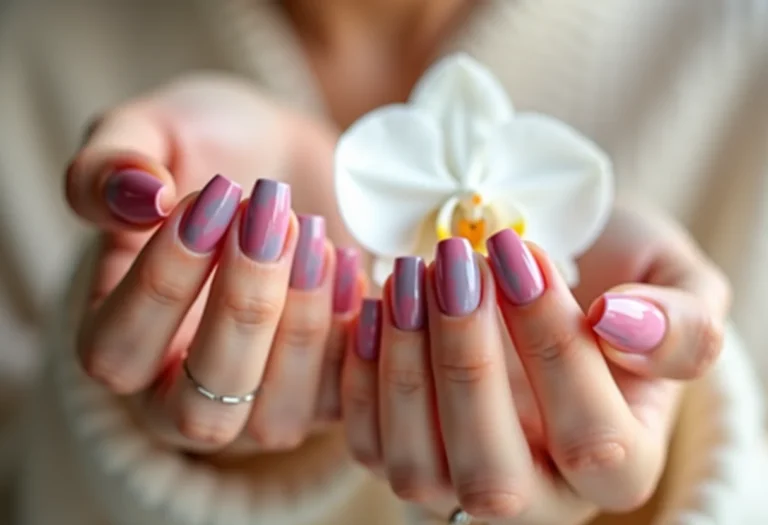 Unhas candy color segurando orquídea branca