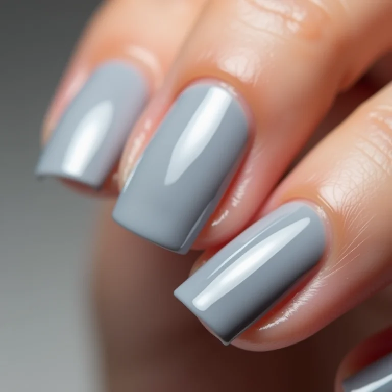 Unhas cinza claras e lisas com acabamento brilhante