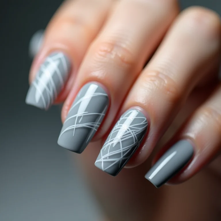 Unhas cinza com detalhes delicados em branco