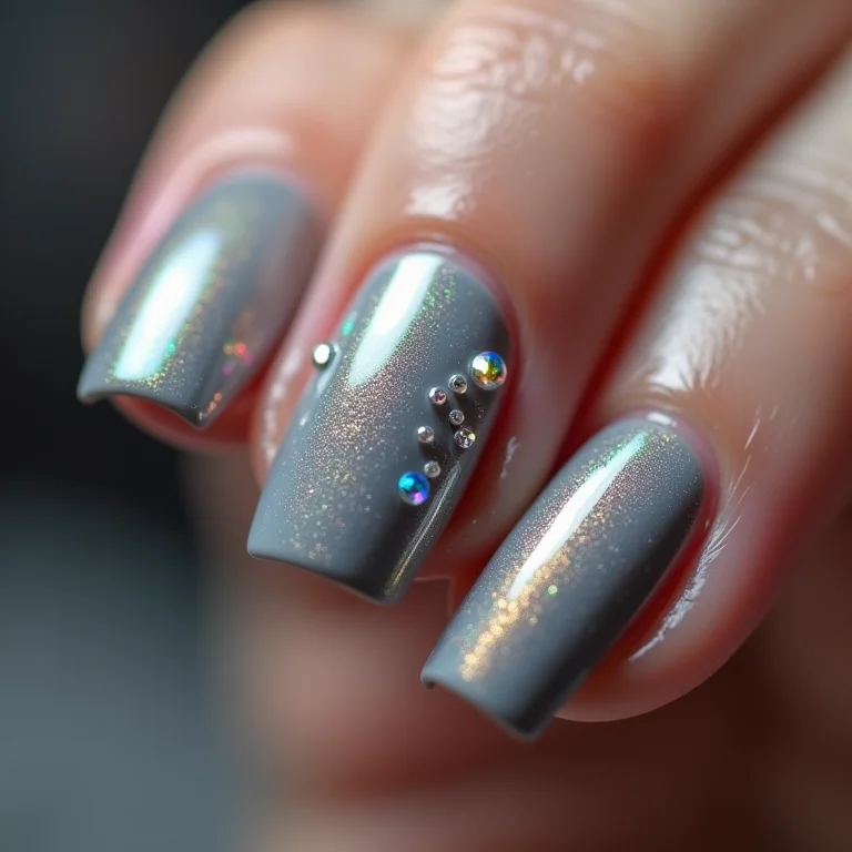 Unhas cinza com pedrarias iridescentes
