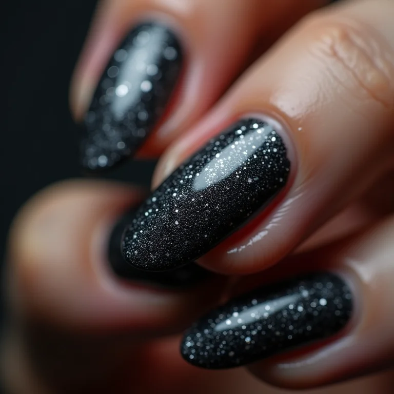 Unhas cinza escuras com glitter prata