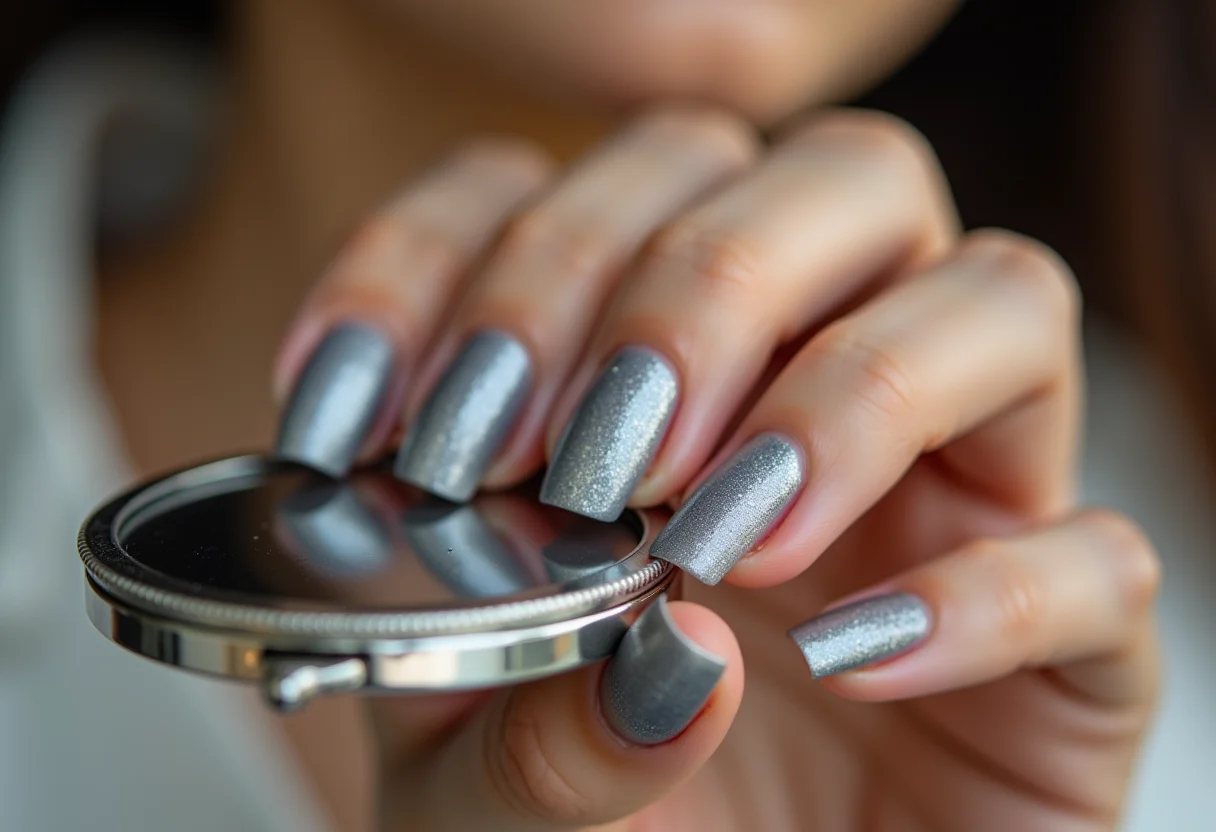 Unhas cinzas com glitter prata segurando espelho compacto vintage