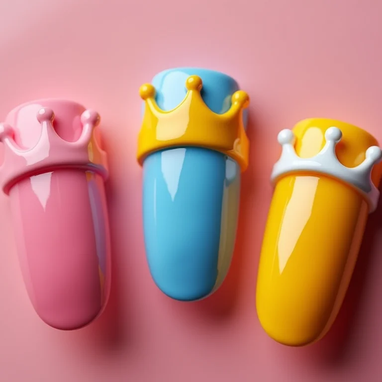 Unhas coloridas com coroas divertidas