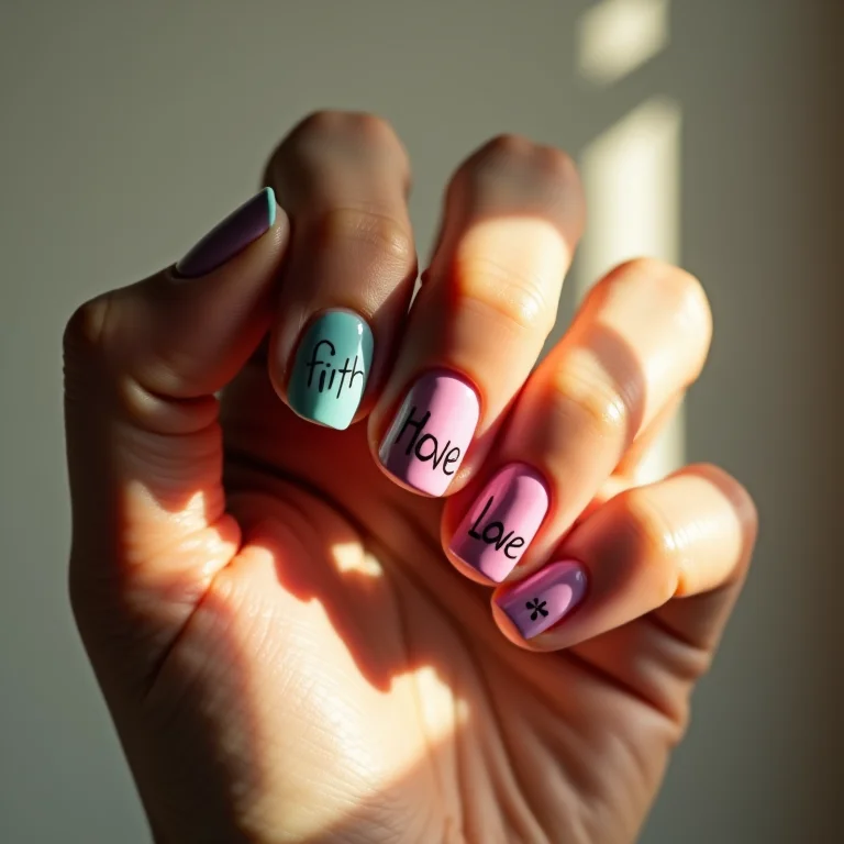 Unhas coloridas com mensagens inspiradoras: alegria e significado.