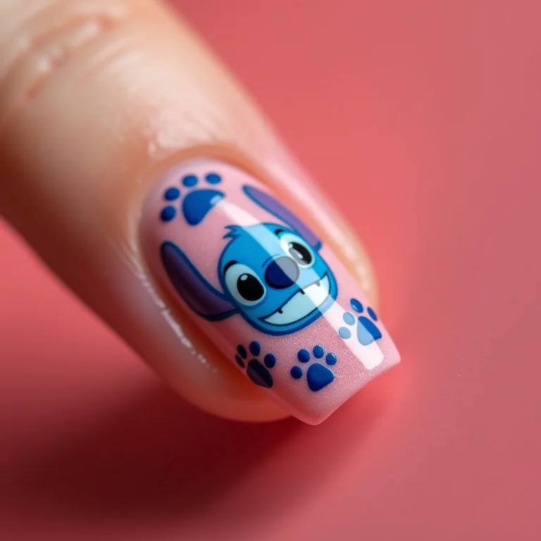 Unhas coloridas com patinhas do Stitch.
