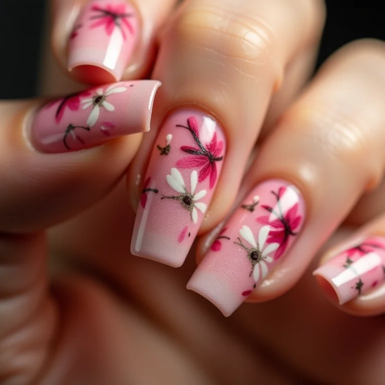 Unhas com adesivos artesanais florais.