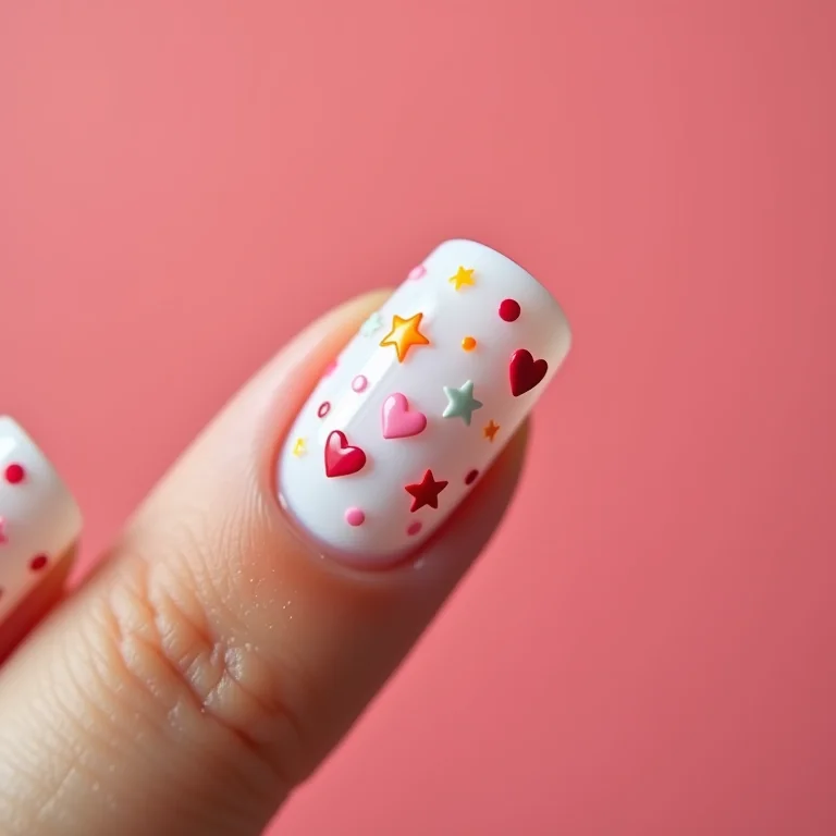 Unhas com adesivos de estrelas, corações e pontos