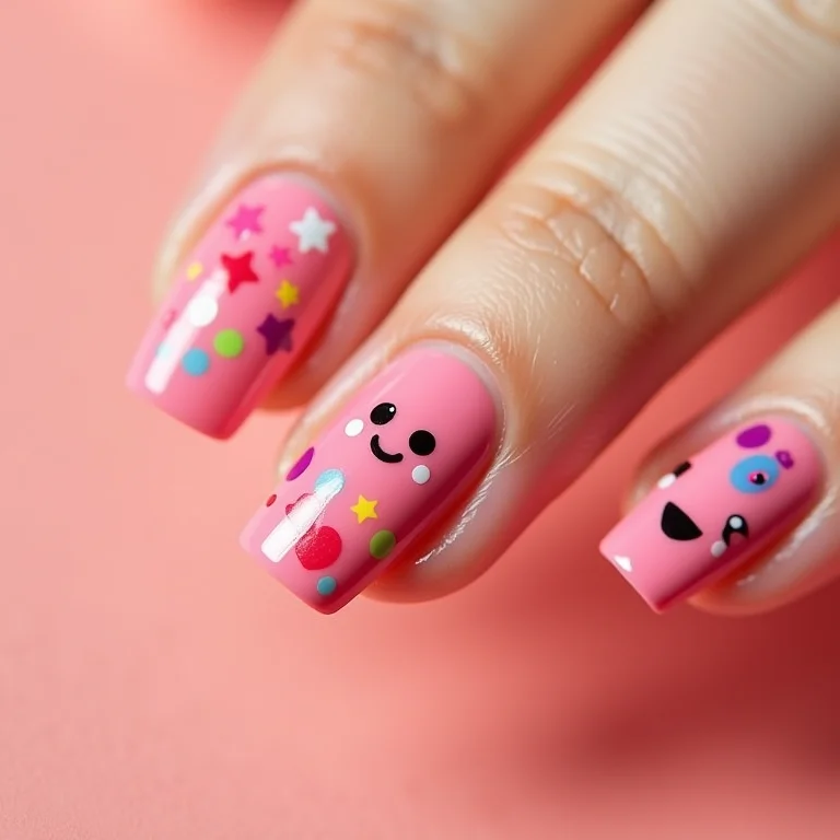 Unhas com adesivos divertidos e coloridos.