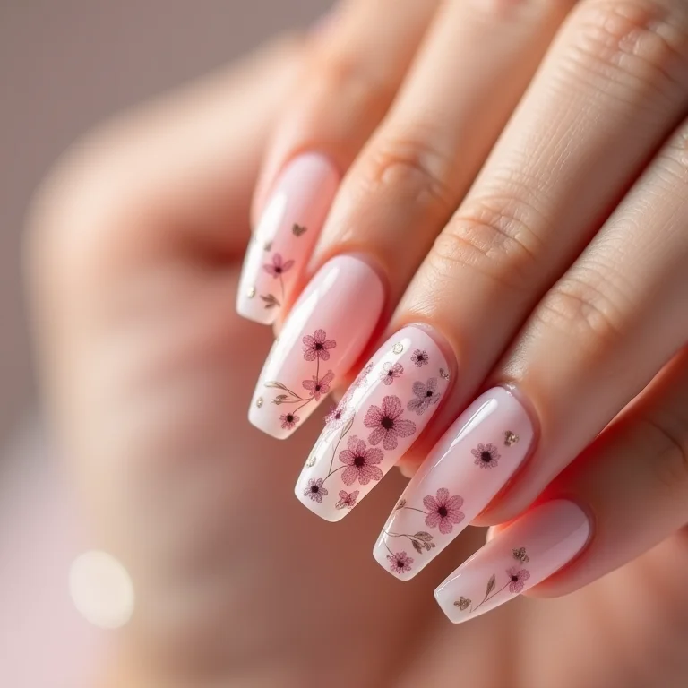 Unhas com adesivos florais