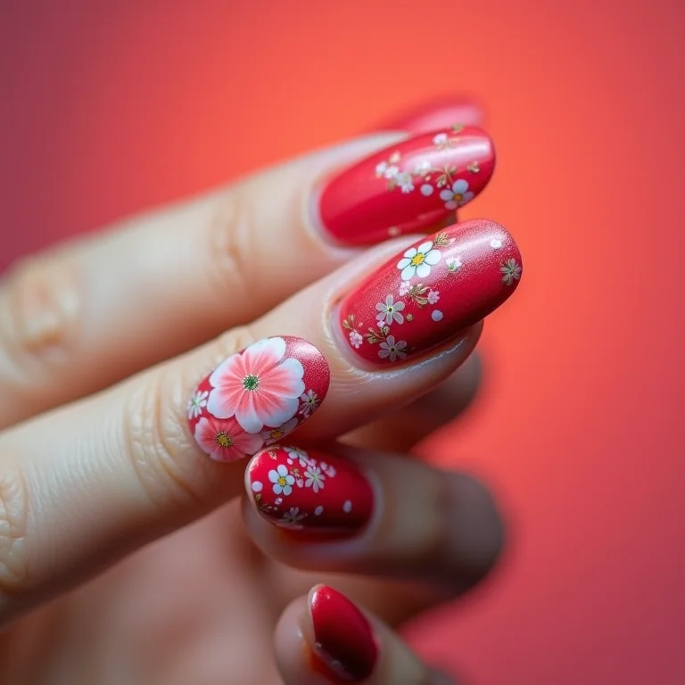 Unhas com adesivos florais premium