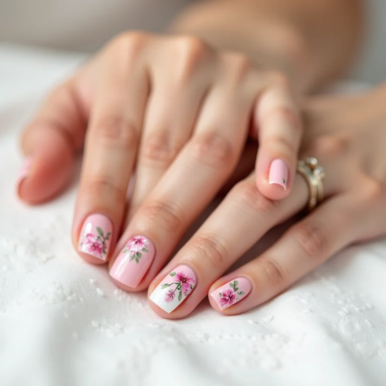 Unhas com adesivos florais