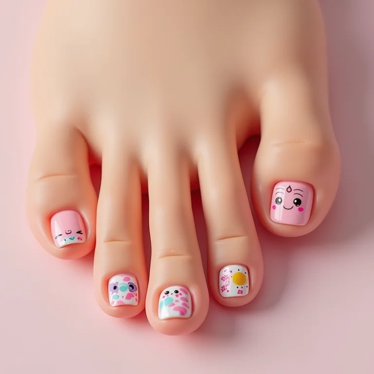 Unhas com adesivos nos pés