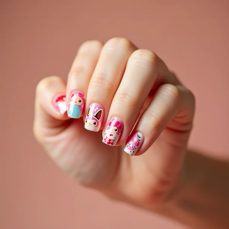 Unhas com adesivos temáticos infantis.