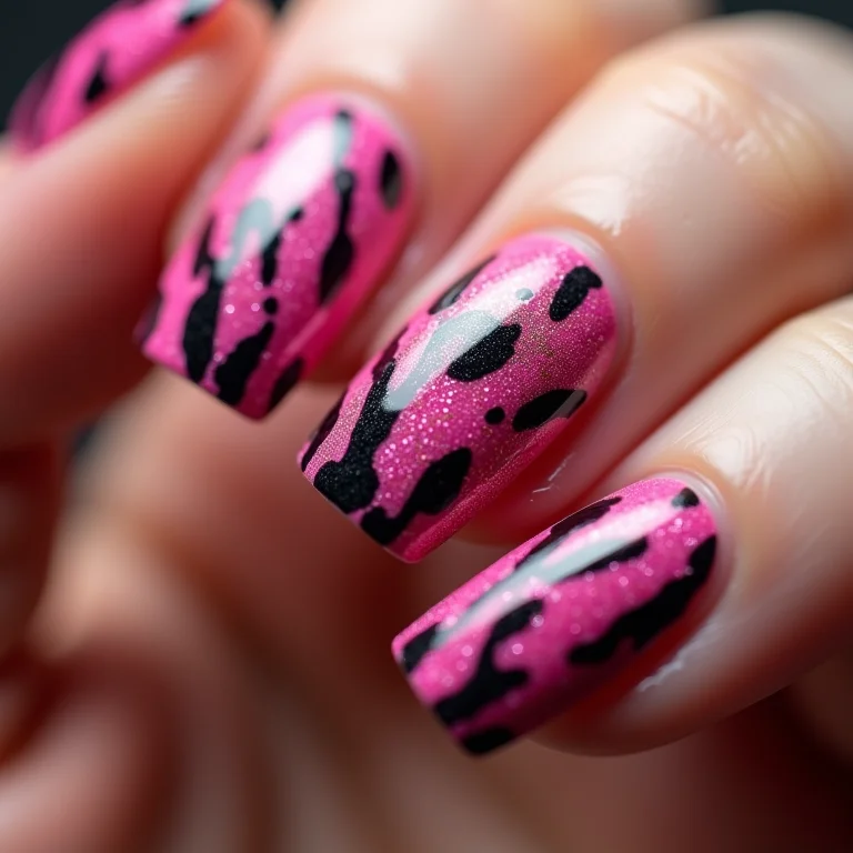 Unhas com animal print rosa e preto