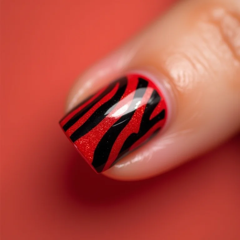 Unhas com animal print simplificado em vermelho e preto