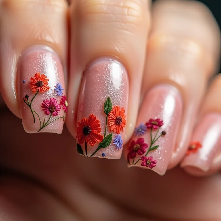 Unhas com aplicação de flores secas