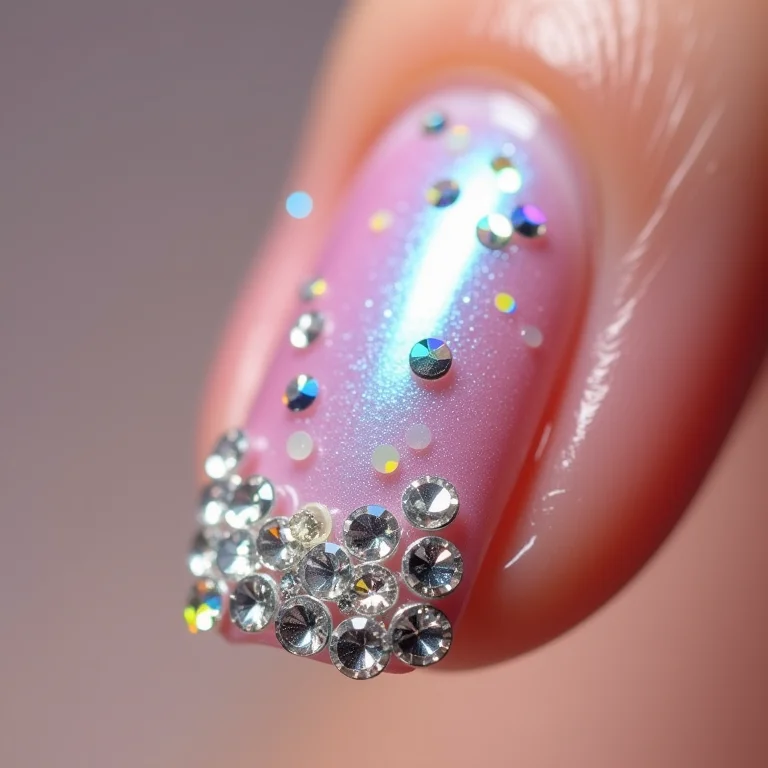 Unhas com aplicações de strass e adesivos holográficos