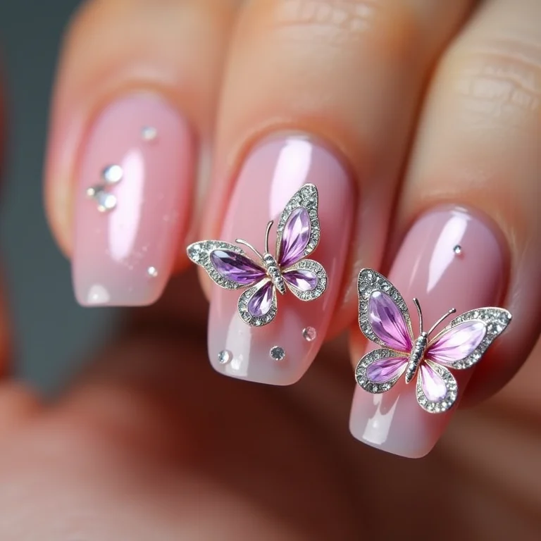 Unhas com borboletas 3D e pedrarias