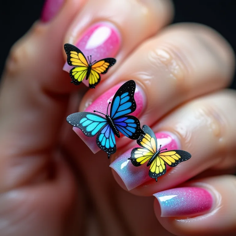 Unhas com borboletas coloridas em efeito 3D