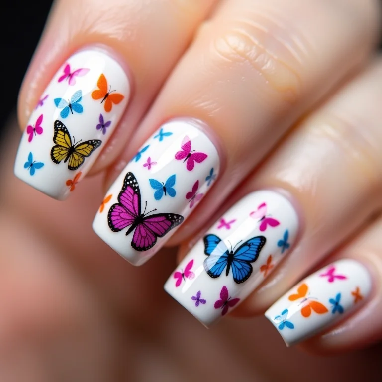 Unhas com borboletas coloridas em todas as unhas