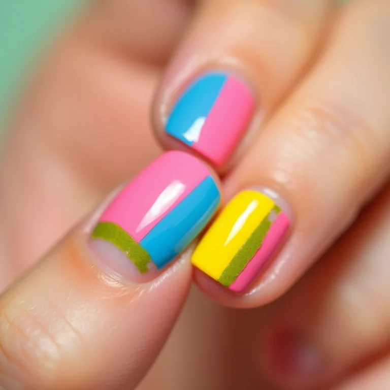 Unhas com cores vibrantes e design color blocking